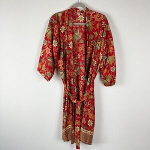 Red Floral Silk Kimono Robe Asoka Womens One Size Red Handmade Colorful